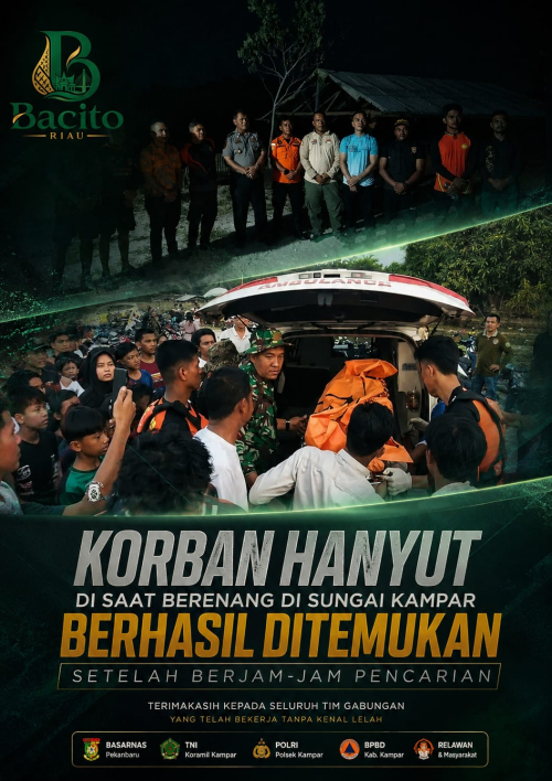 Korban Hanyut Saat Berenang di Sungai Kampar Ditemukan Setelah Berjam-jam Pencarian.
