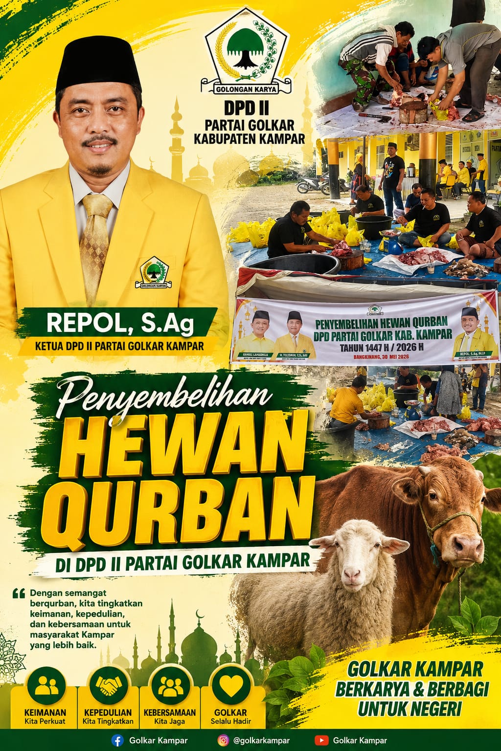 DPD II Golkar Kampar Sembelih 4 Hewan Kurban, Repol :Wujud Keimanan dan Kepedulian Sosial